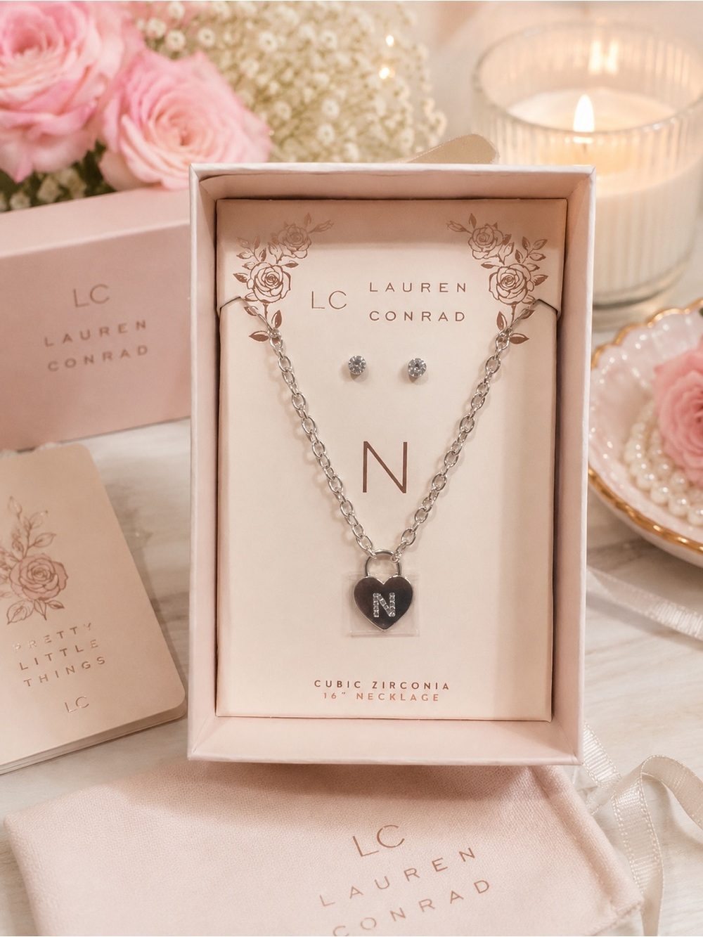 ✨ LC Lauren Conrad “N” Heart Necklace & Stud Earrings Set ✨New